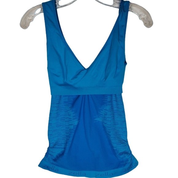Zella tank top Gym Running Workout Athletic ruched blue/green v-neck M - Picture 7 of 10